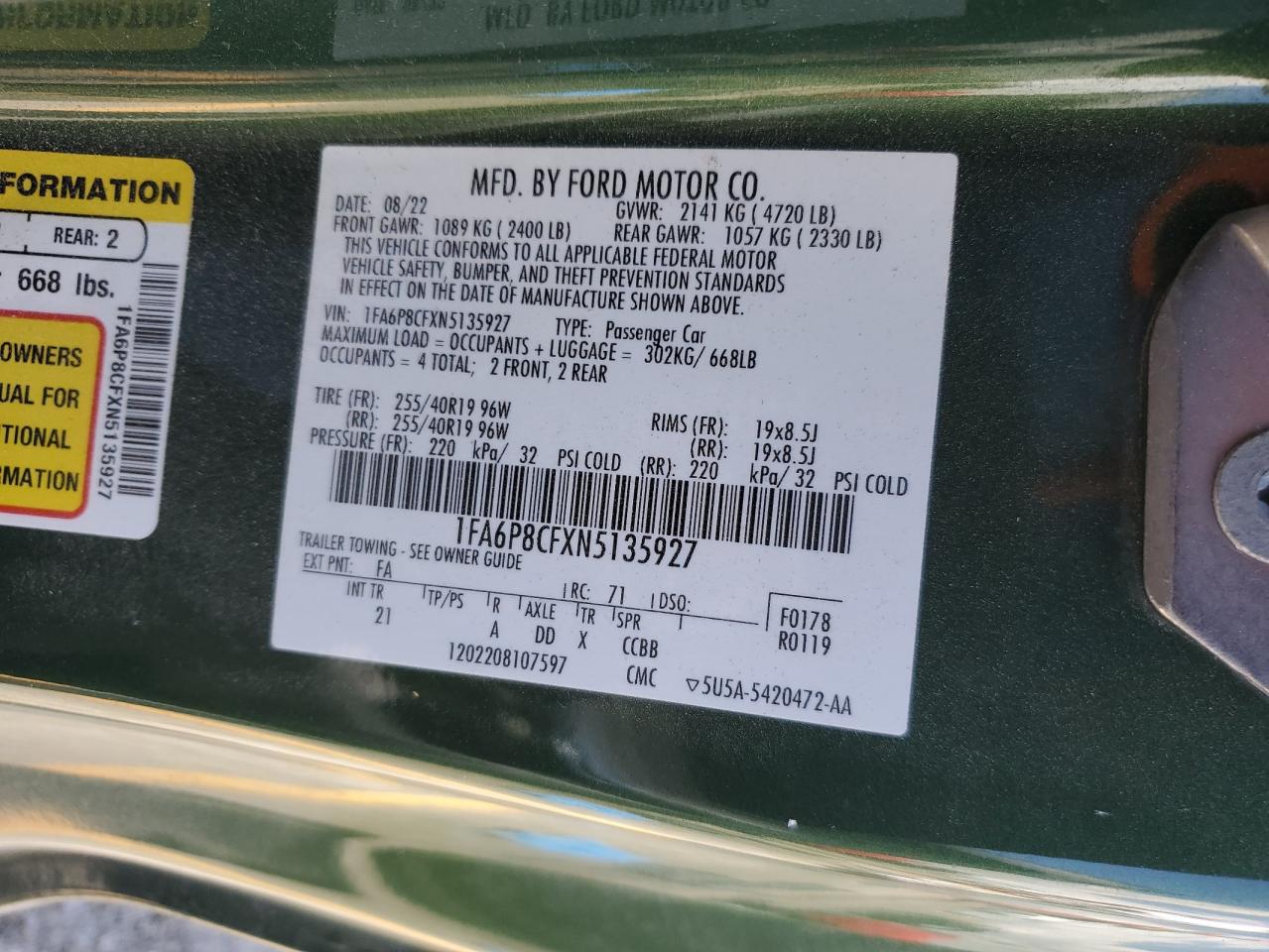 2022 Ford Mustang Gt VIN: 1FA6P8CFXN5135927 Lot: 71727235