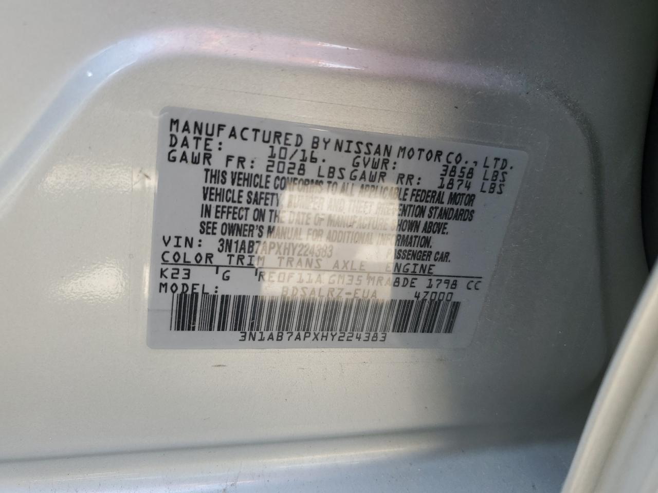 2017 Nissan Sentra S VIN: 3N1AB7APXHY224383 Lot: 81275655