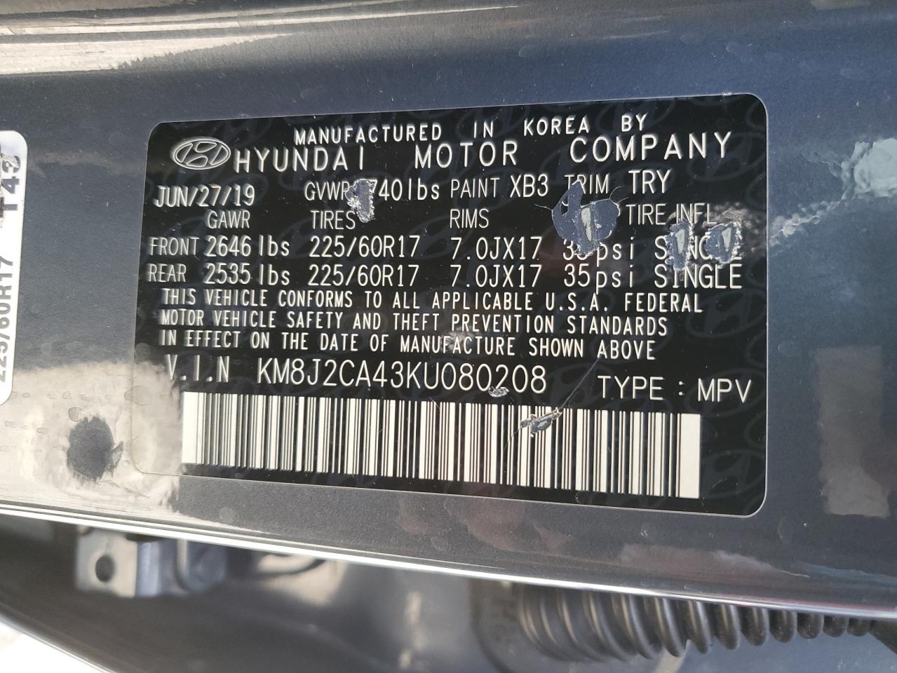 2019 Hyundai Tucson Se VIN: KM8J2CA43KU080208 Lot: 80460995