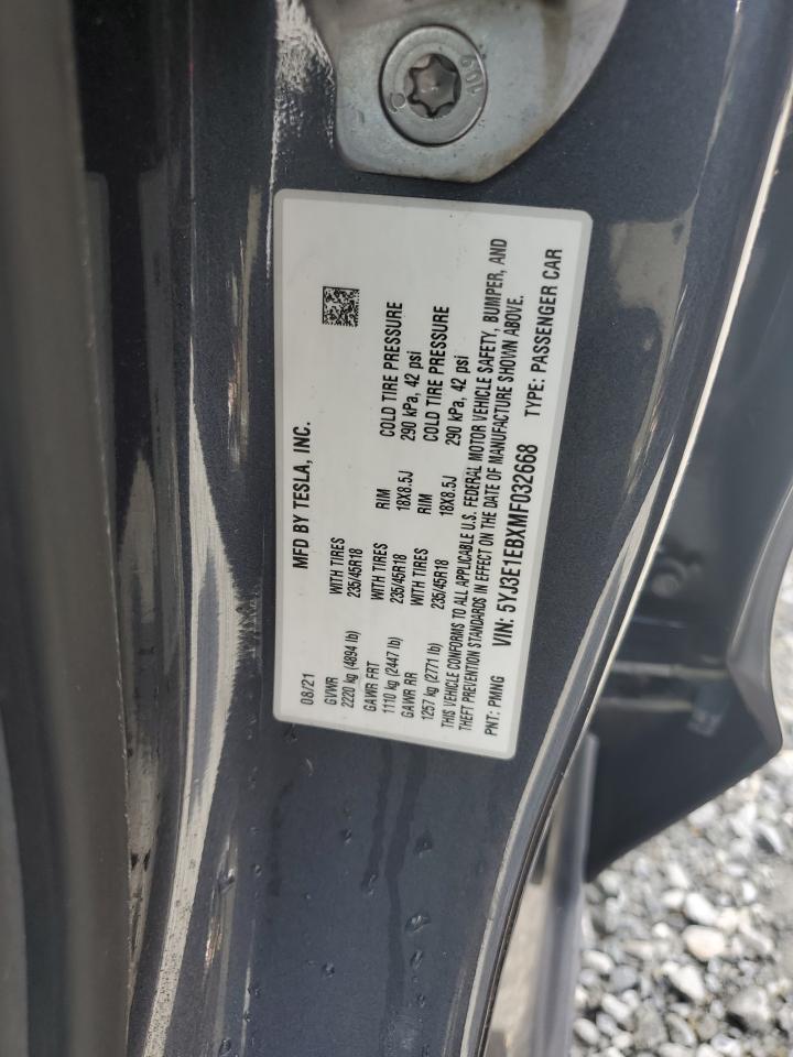 2021 Tesla Model 3 VIN: 5YJ3E1EBXMF032668 Lot: 80473065