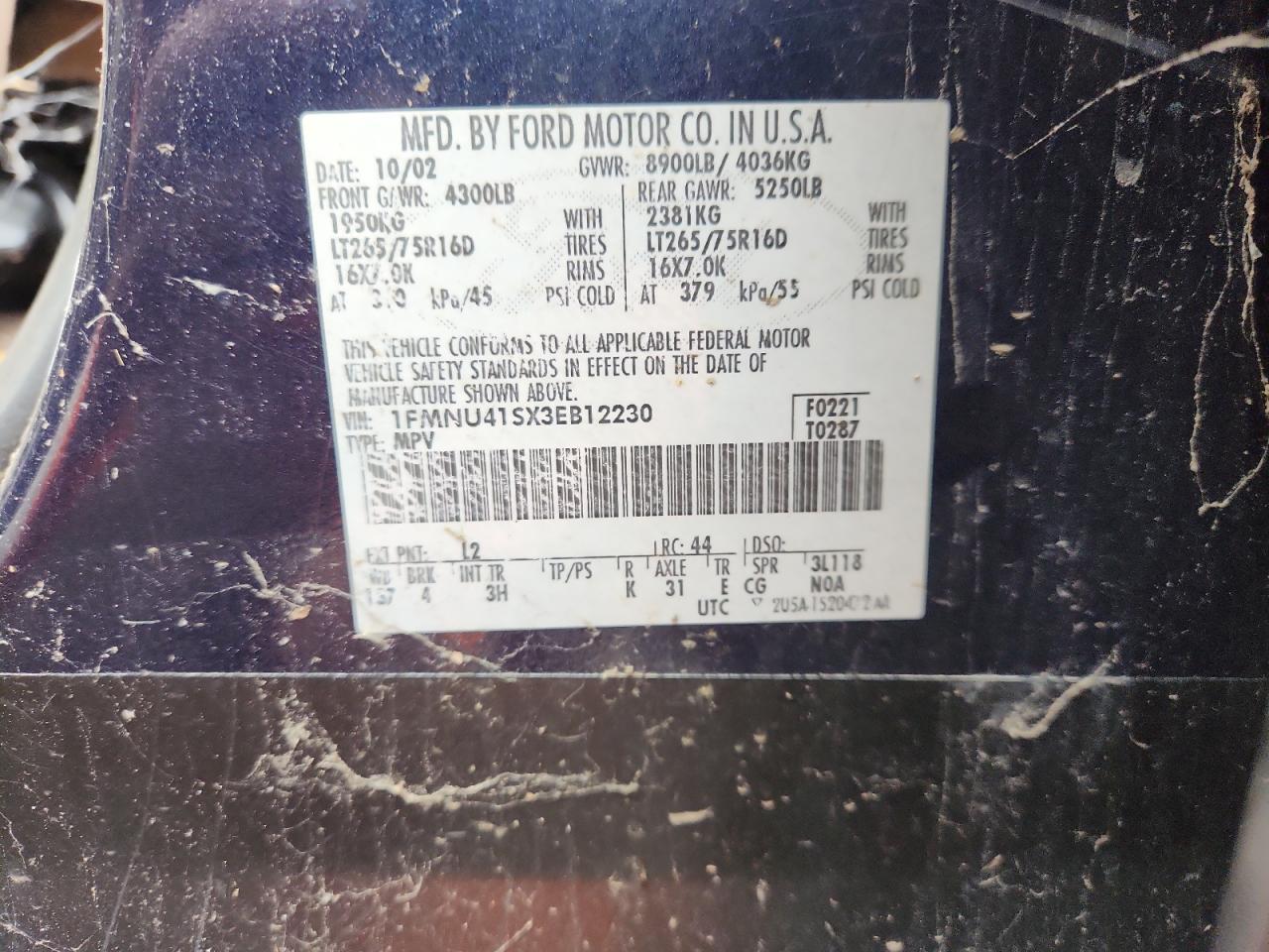 2003 Ford Excursion Xlt VIN: 1FMNU41SX3EB12230 Lot: 82149235