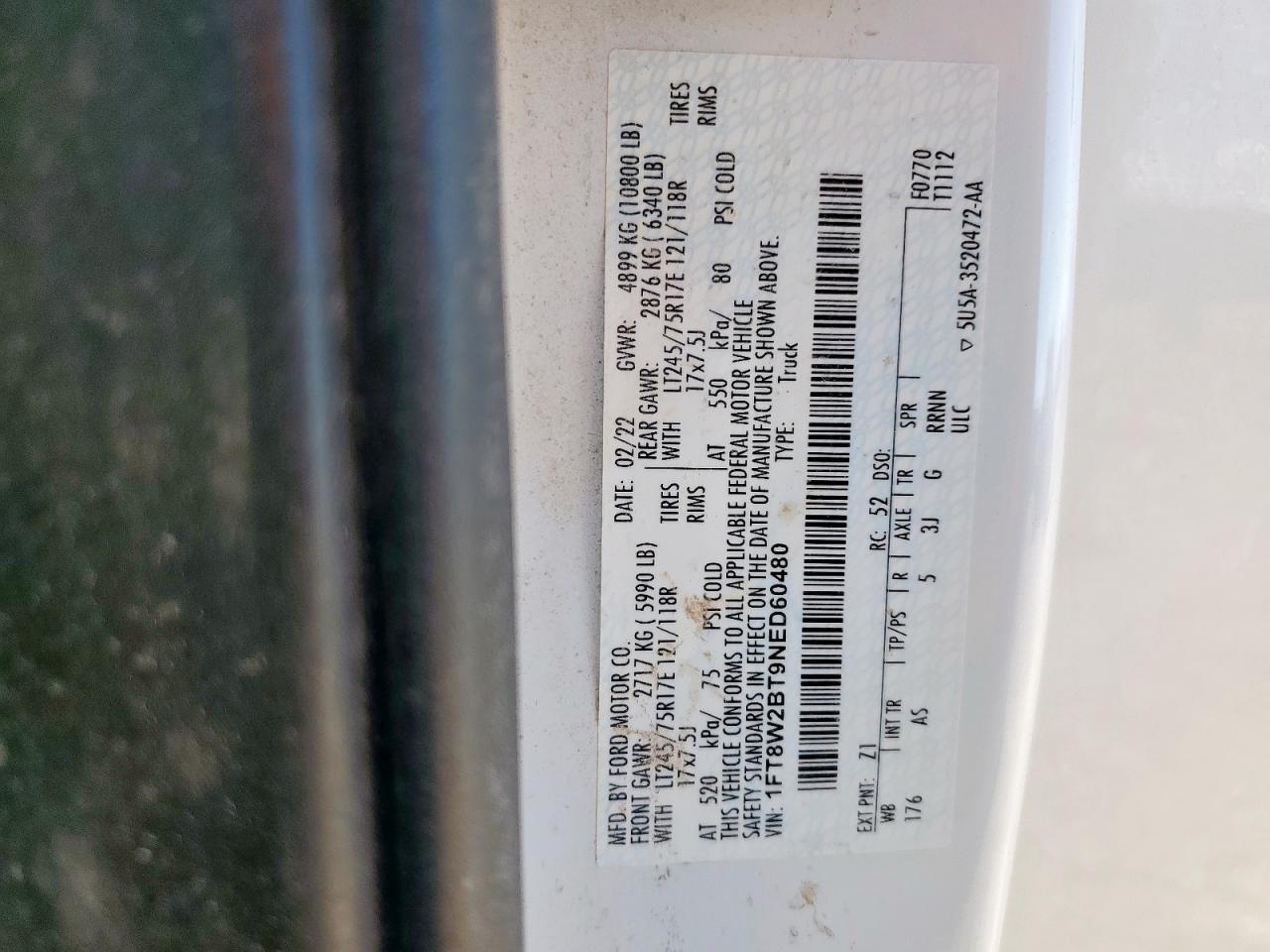 2022 Ford F250 Super Duty VIN: 1FT8W2BT9NED60480 Lot: 80093715