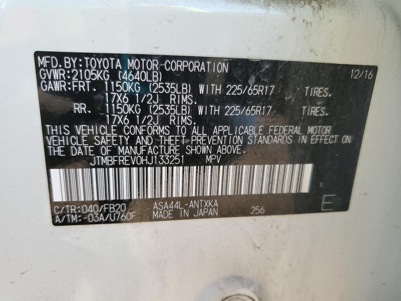 2017 Toyota Rav4 Le VIN: JTMBFREV0HJ133251 Lot: 80583185