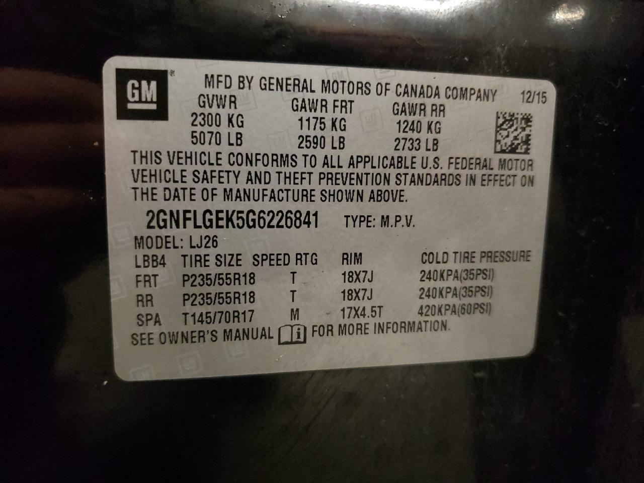 2016 Chevrolet Equinox Ltz VIN: 2GNFLGEK5G6226841 Lot: 80635595