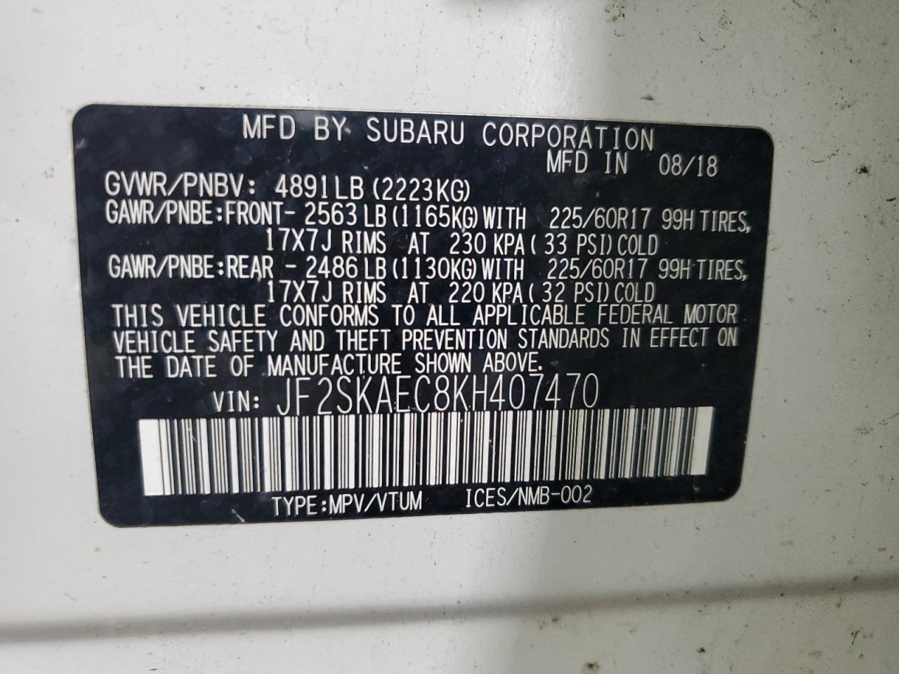 2019 Subaru Forester Premium VIN: JF2SKAEC8KH407470 Lot: 82052905