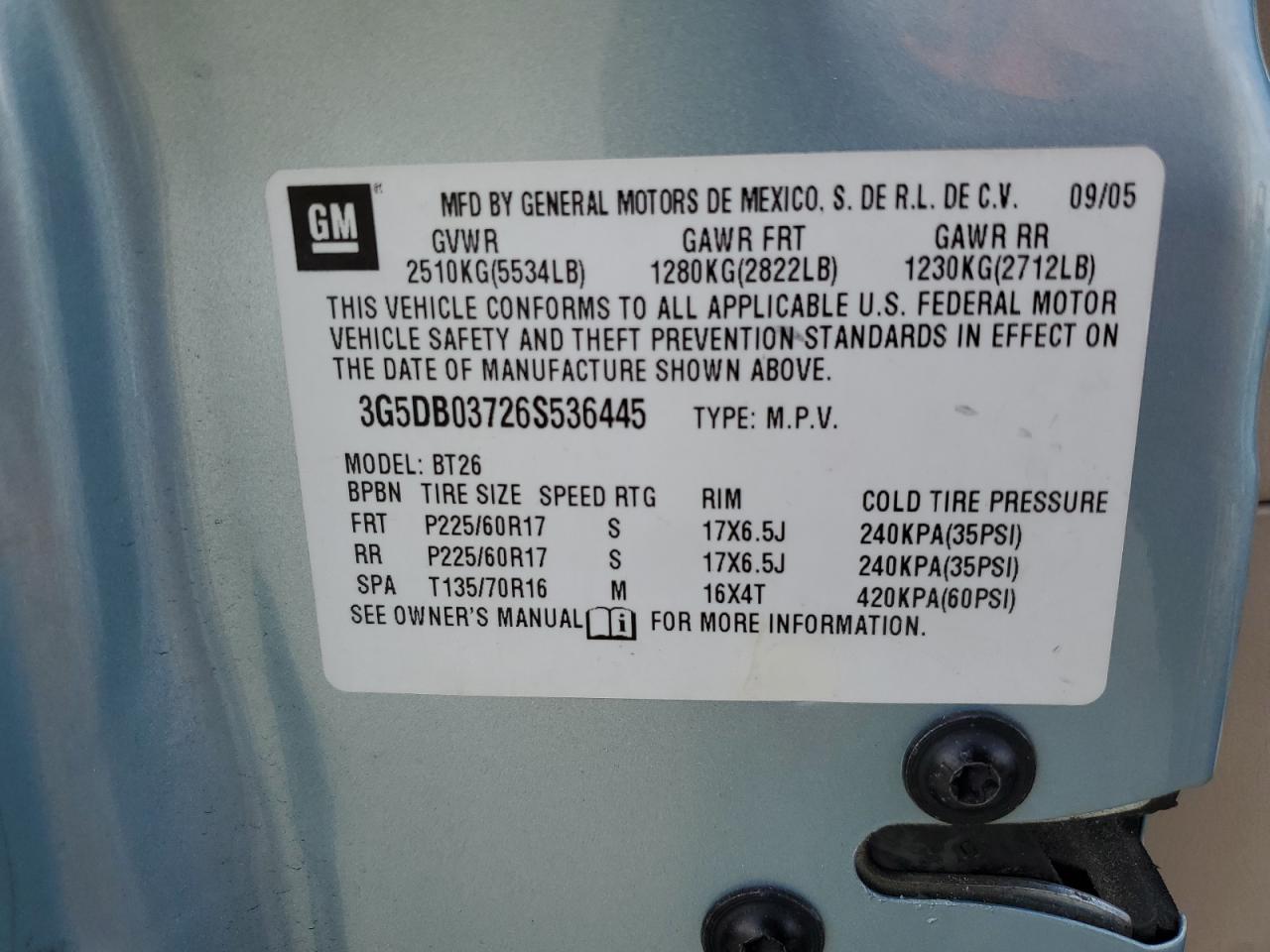 2006 Buick Rendezvous Cx VIN: 3G5DB03726S536445 Lot: 81821225