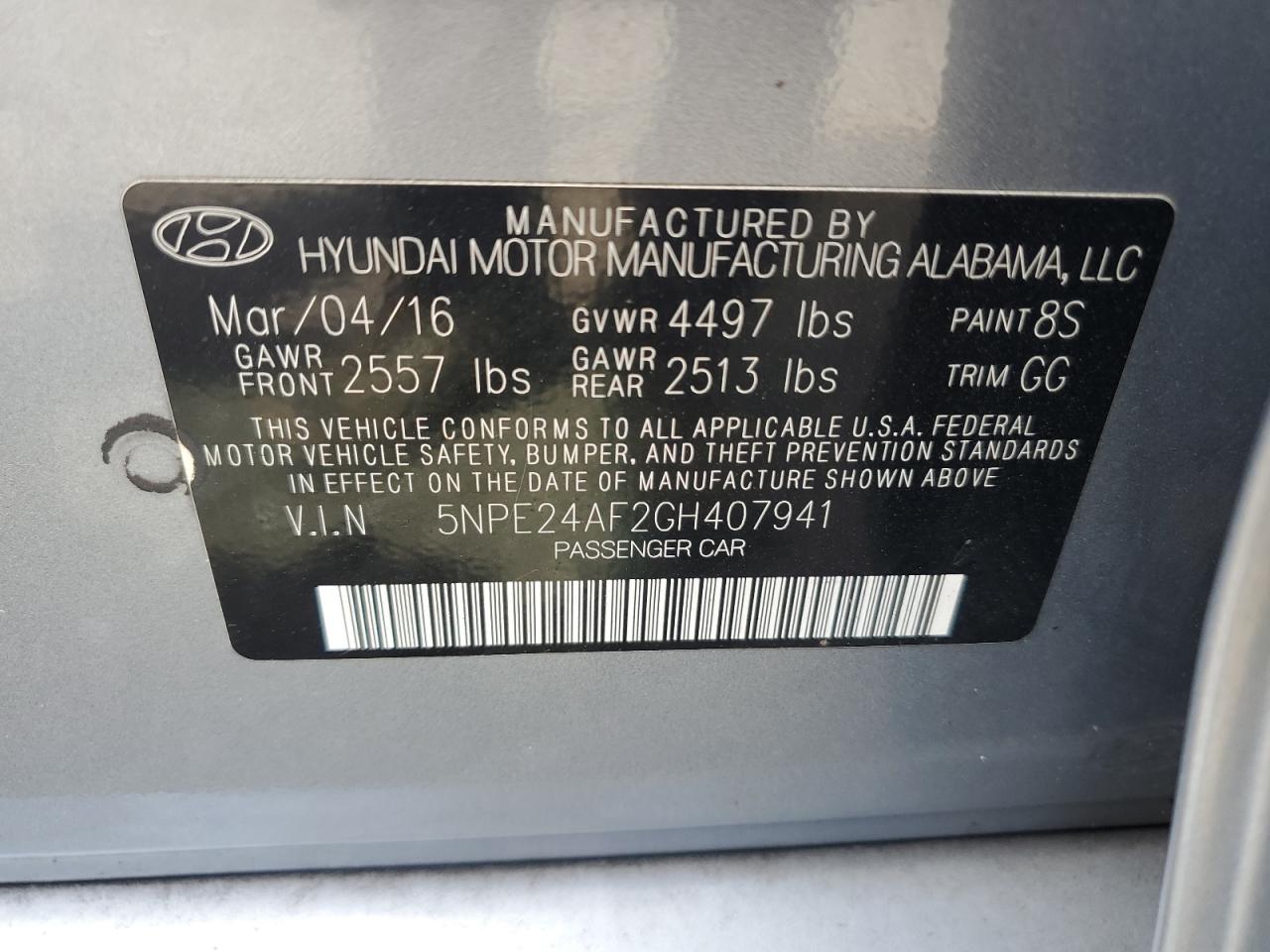 2016 Hyundai Sonata Se VIN: 5NPE24AF2GH407941 Lot: 80945495