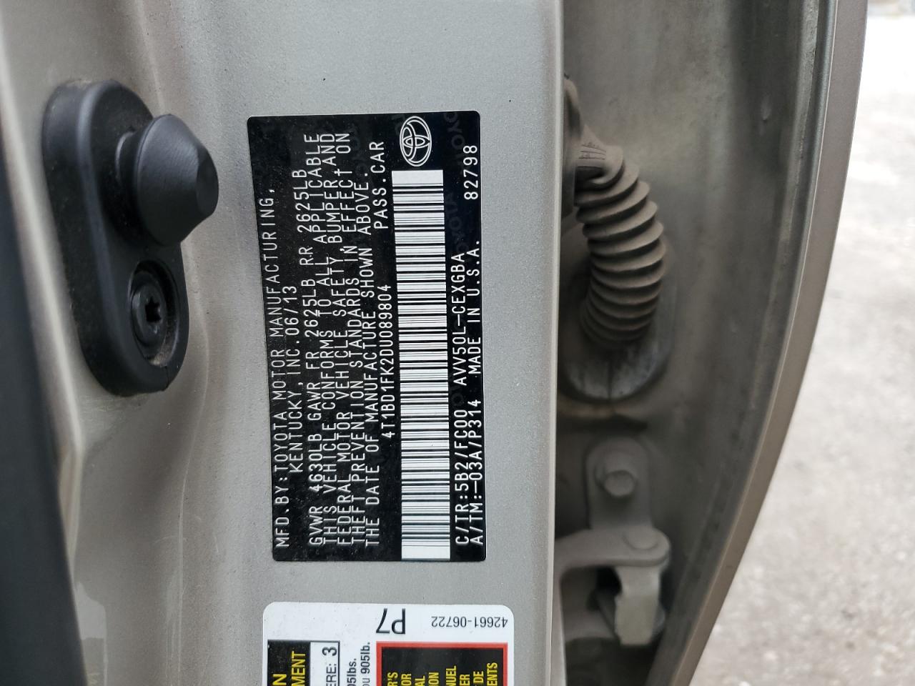 2013 Toyota Camry Hybrid VIN: 4T1BD1FK2DU089804 Lot: 80244635