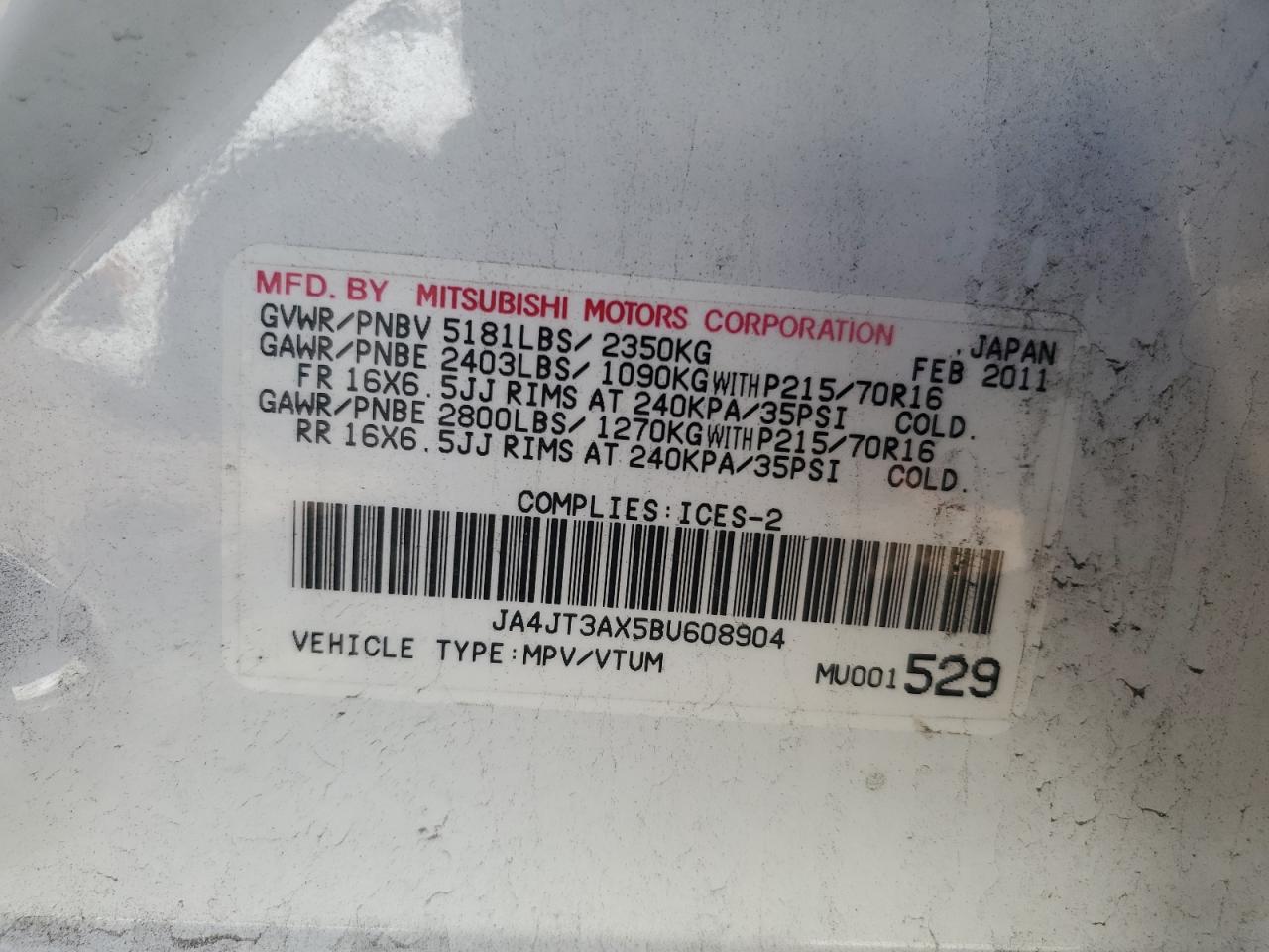 2011 Mitsubishi Outlander Se VIN: JA4JT3AX5BU608904 Lot: 81268105