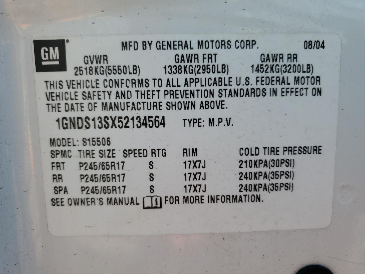 2005 Chevrolet Trailblazer Ls VIN: 1GNDS13SX52134564 Lot: 71182275