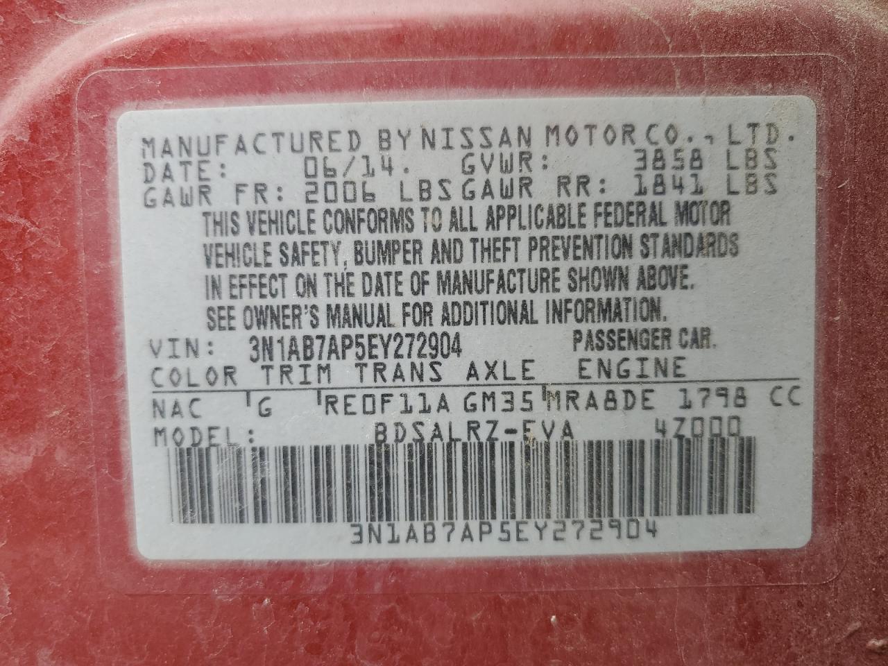 2014 Nissan Sentra S VIN: 3N1AB7AP5EY272904 Lot: 81428285