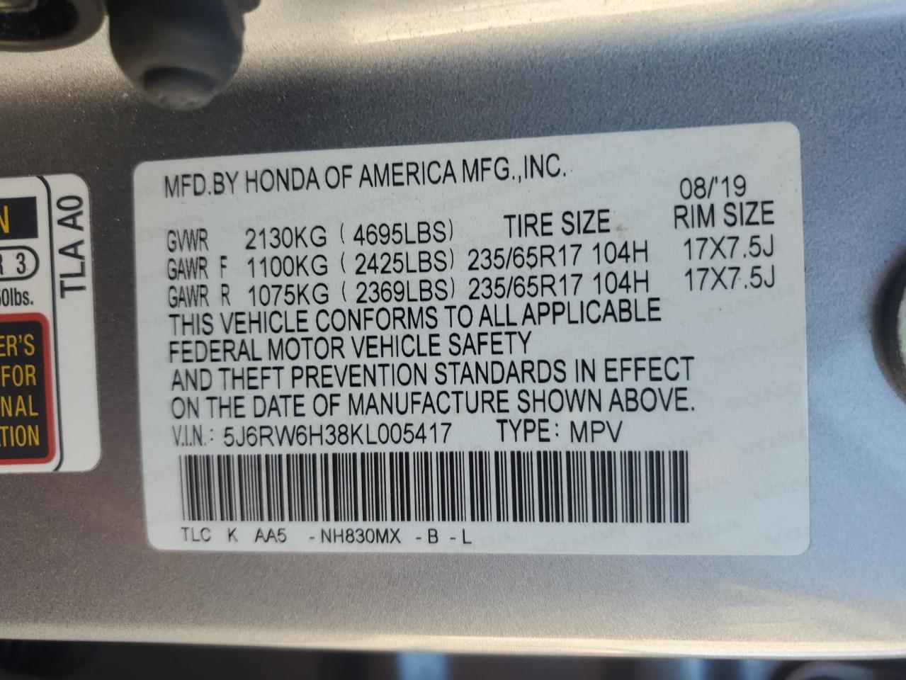 2019 Honda Cr-V Lx VIN: 5J6RW6H38KL005417 Lot: 71220495