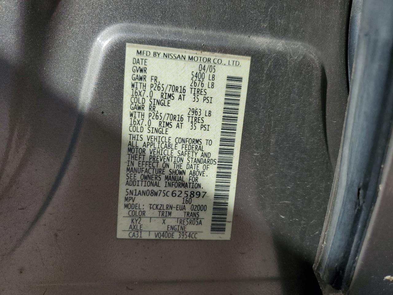 2005 Nissan Xterra Off Road VIN: 5N1AN08W75C625897 Lot: 83771155