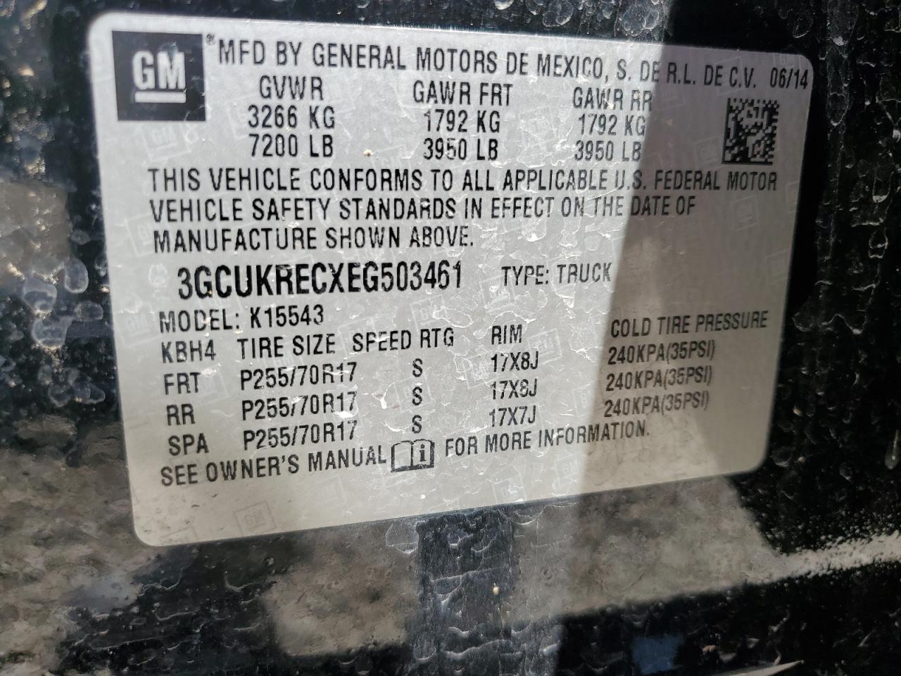 2014 Chevrolet Silverado K1500 Lt VIN: 3GCUKRECXEG503461 Lot: 81772195