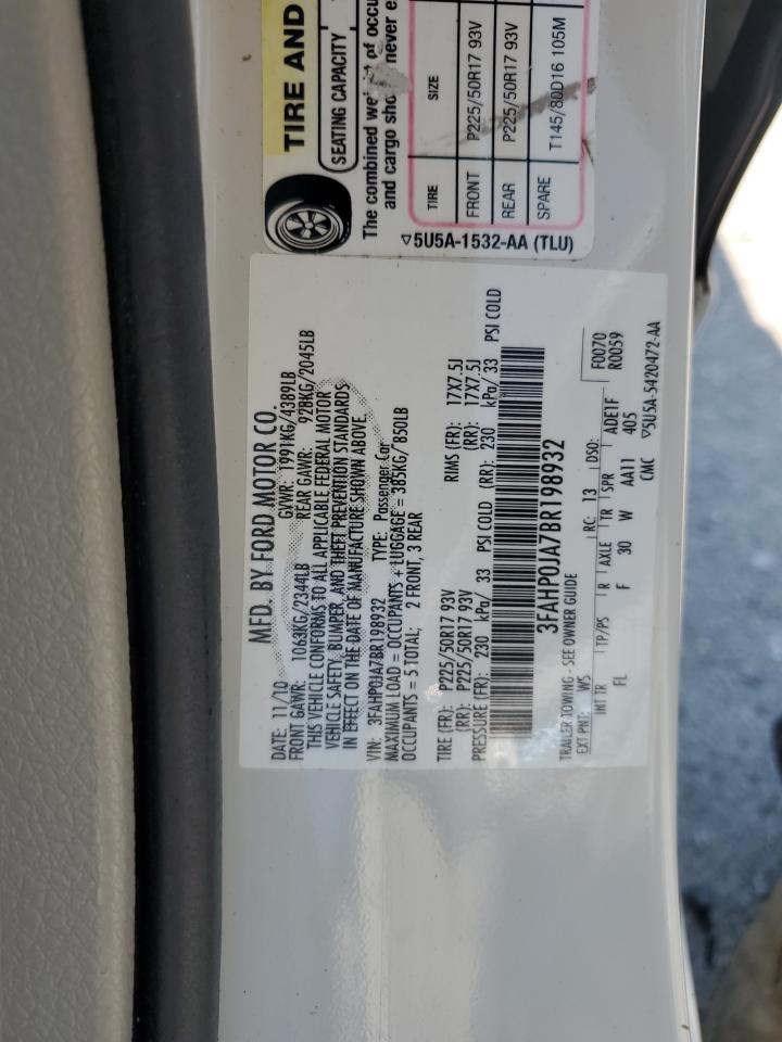 2011 Ford Fusion Sel VIN: 3FAHP0JA7BR198932 Lot: 80746095