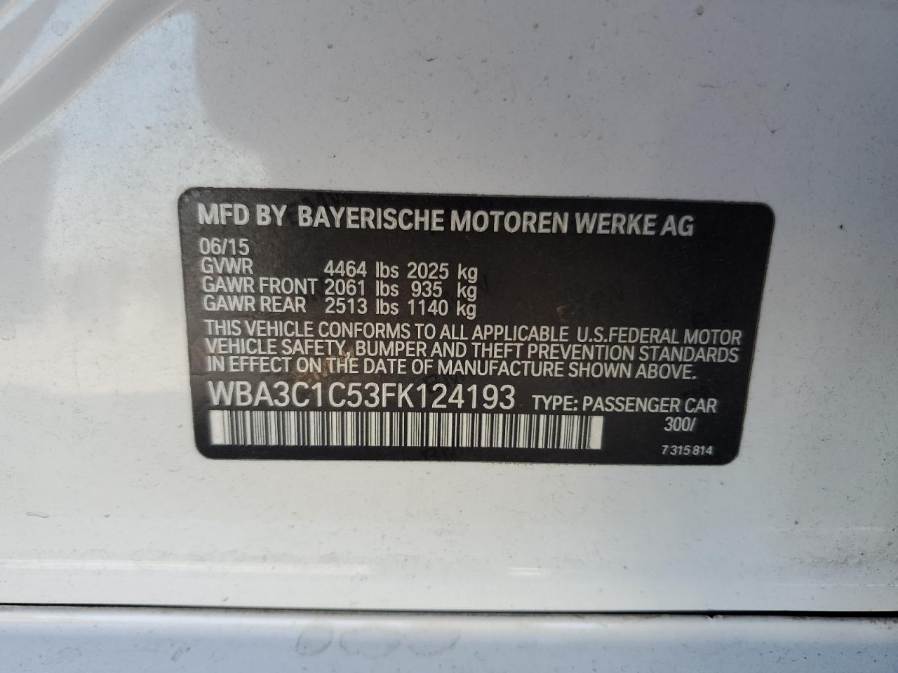 2015 BMW 328 I Sulev VIN: WBA3C1C53FK124193 Lot: 84455745