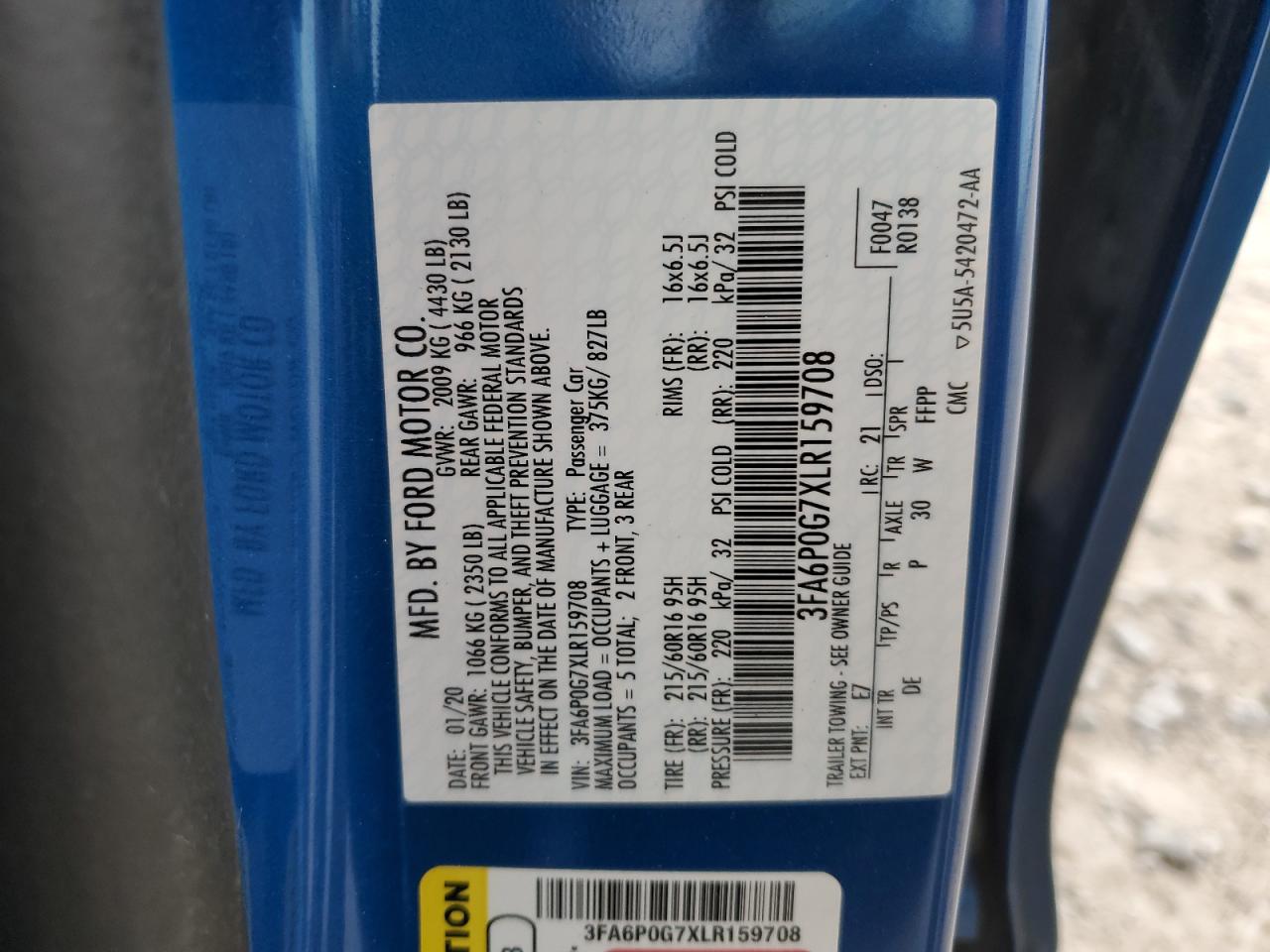 2020 Ford Fusion S VIN: 3FA6P0G7XLR159708 Lot: 81845385