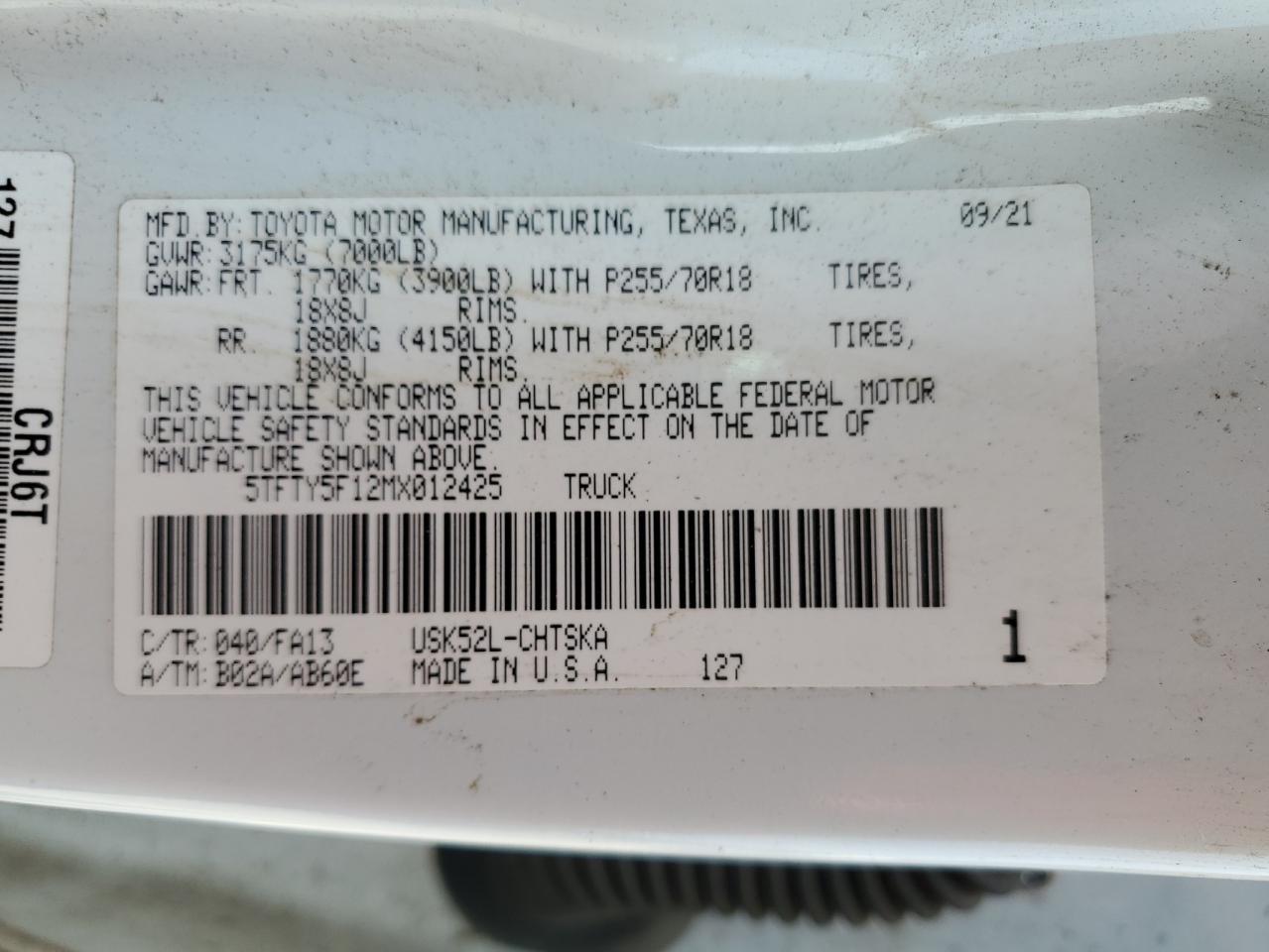 2021 Toyota Tundra Double Cab Sr VIN: 5TFTY5F12MX012425 Lot: 80168625