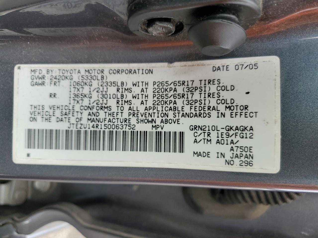 2005 Toyota 4Runner Sr5 VIN: JTEZU14R150063752 Lot: 81842545