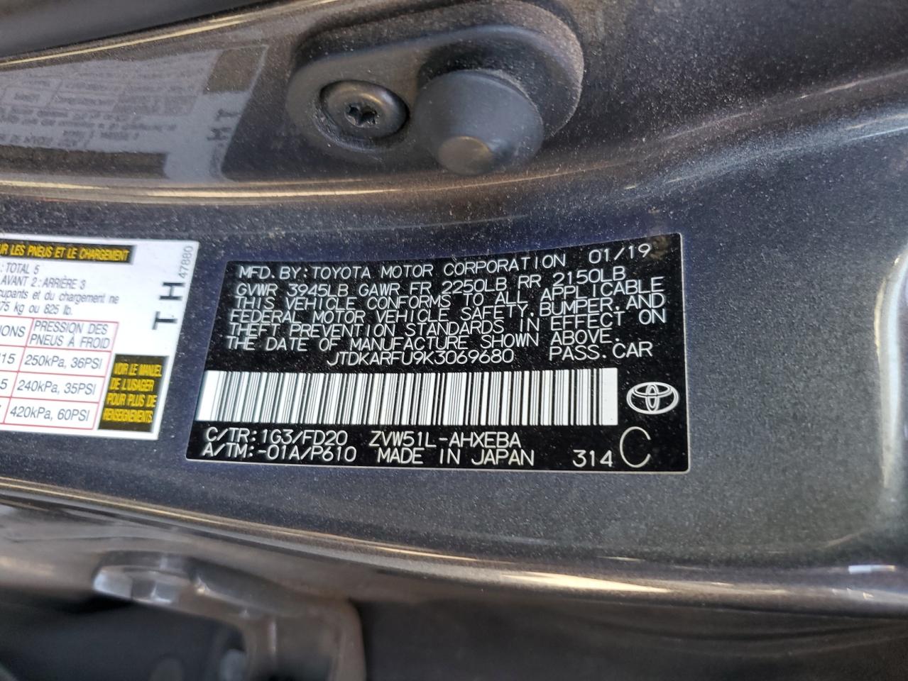 2019 Toyota Prius VIN: JTDKARFU9K3069680 Lot: 71878365