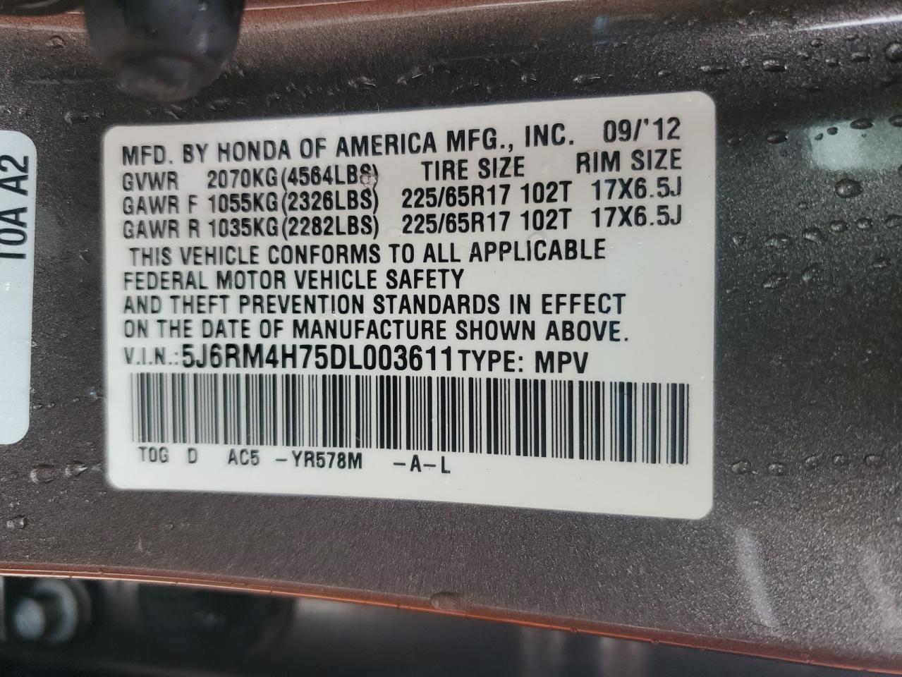 2013 Honda Cr-V Exl VIN: 5J6RM4H75DL003611 Lot: 81549505