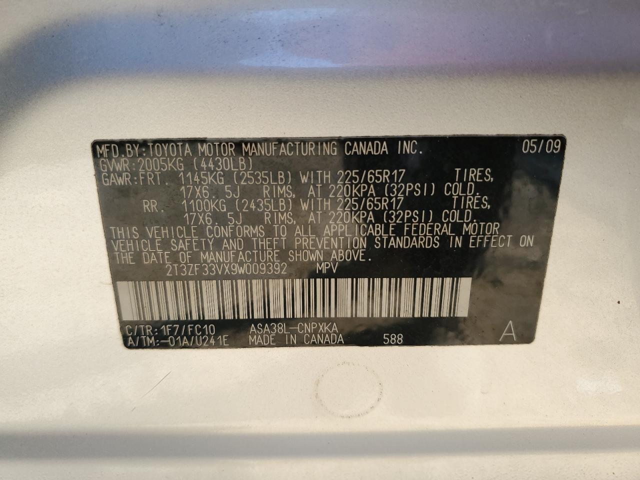 2009 Toyota Rav4 VIN: 2T3ZF33VX9W009392 Lot: 80731715