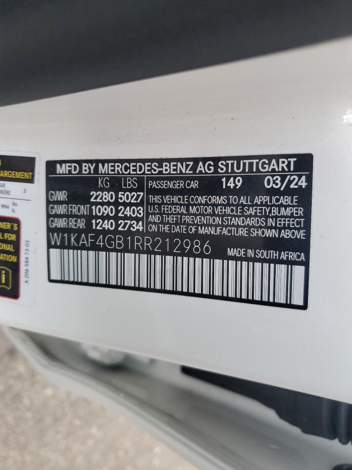 2024 Mercedes-Benz C 300 VIN: W1KAF4GB1RR212986 Lot: 70541115
