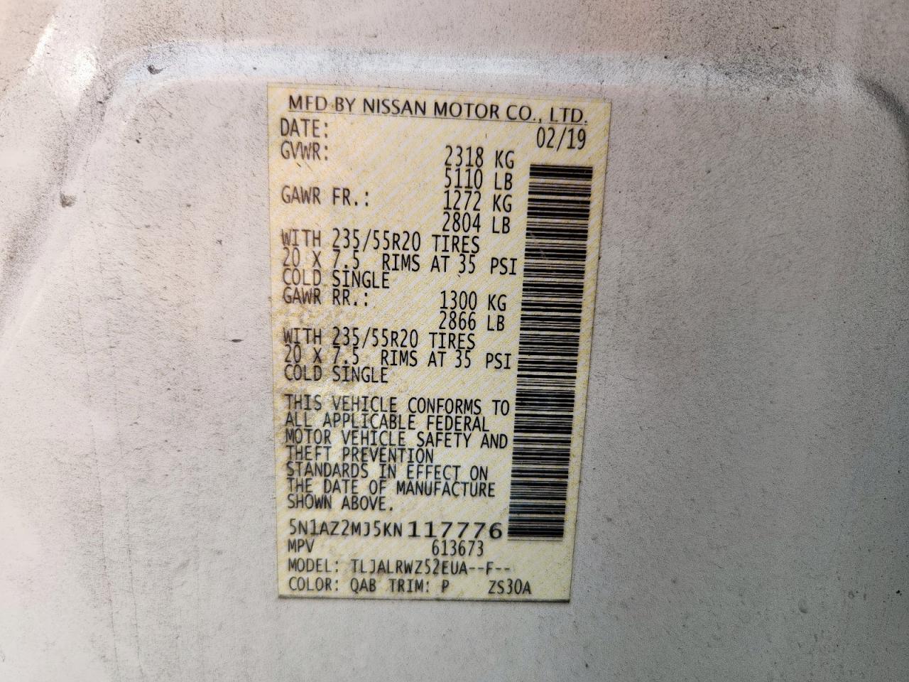 2019 Nissan Murano S VIN: 5N1AZ2MJ5KN117776 Lot: 81699235