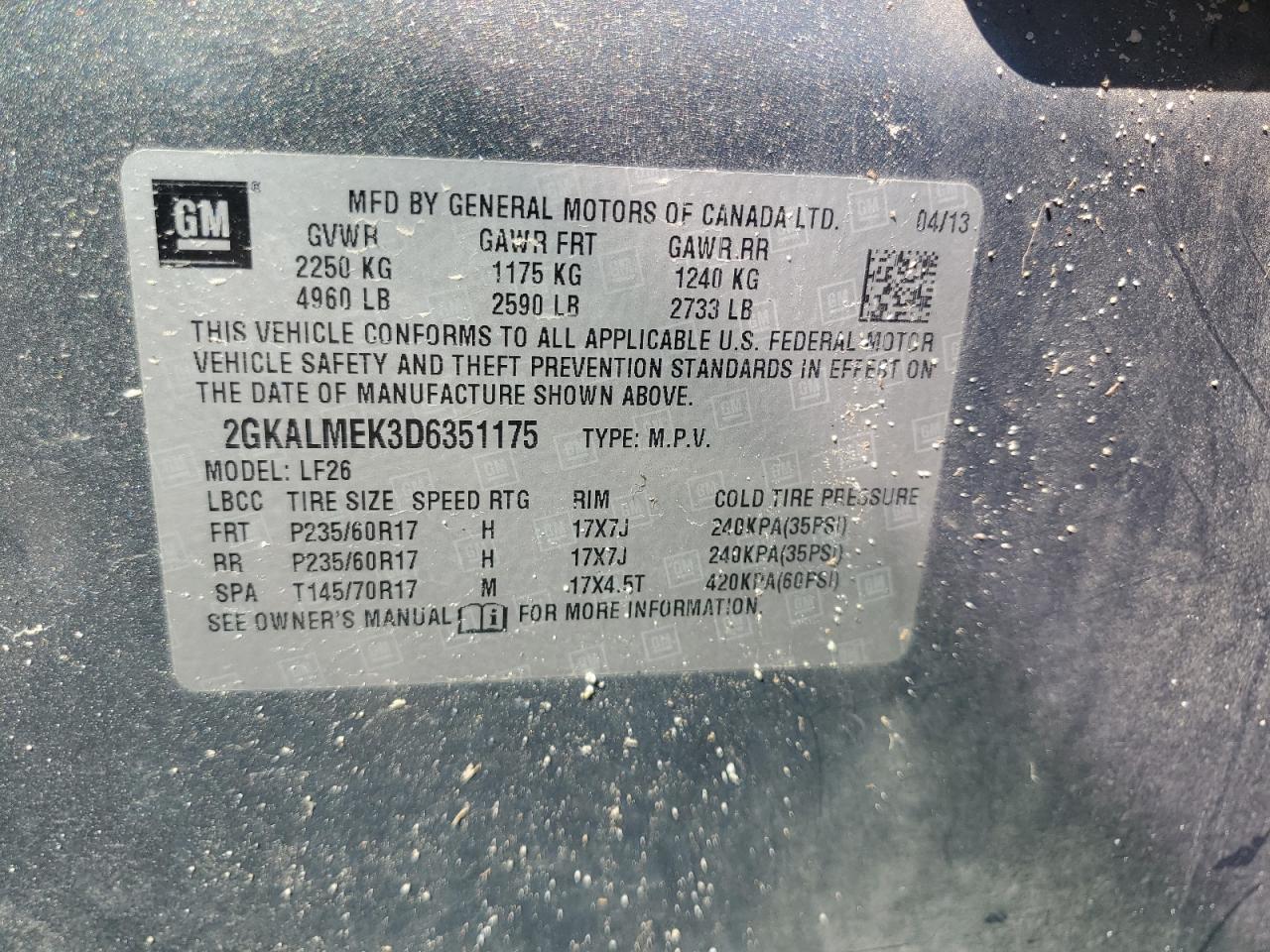 2013 GMC Terrain Sle VIN: 2GKALMEK3D6351175 Lot: 70844925