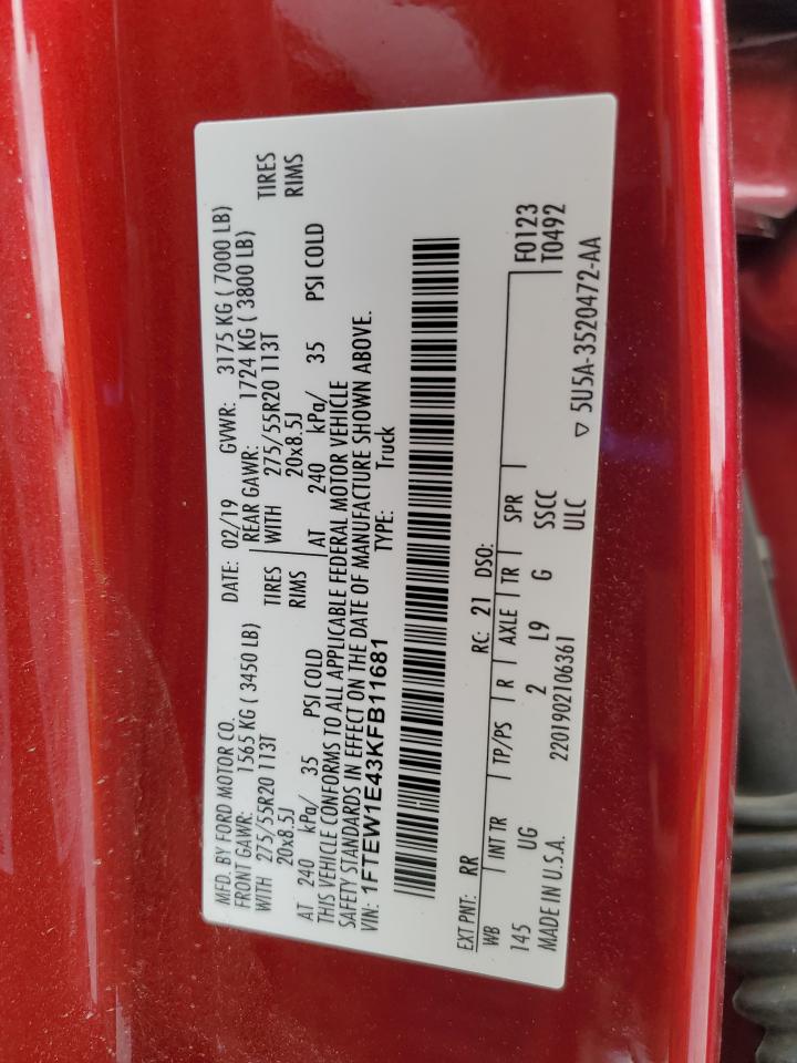 2019 Ford F150 Supercrew VIN: 1FTEW1E43KFB11681 Lot: 84615605