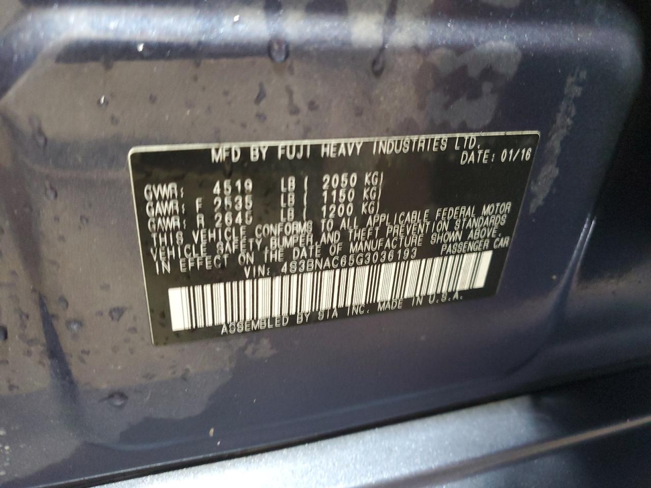 2016 Subaru Legacy 2.5I Premium VIN: 4S3BNAC65G3036193 Lot: 84358165