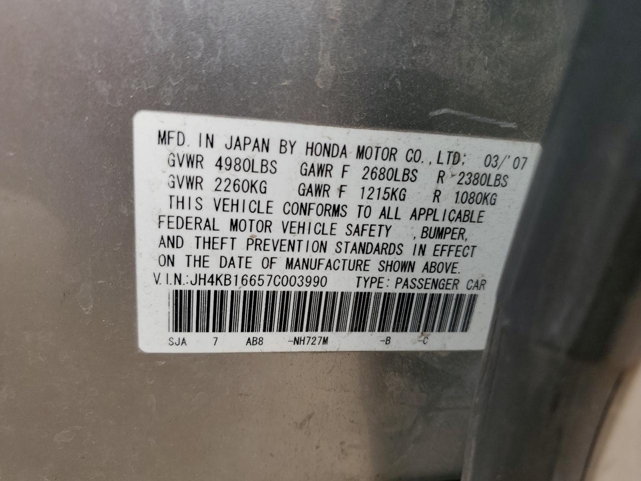 2007 Acura Rl VIN: JH4KB16657C003990 Lot: 81447175
