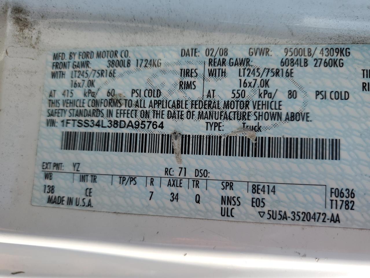 2008 Ford Econoline E350 Super Duty Van VIN: 1FTSS34L38DA95764 Lot: 80214575