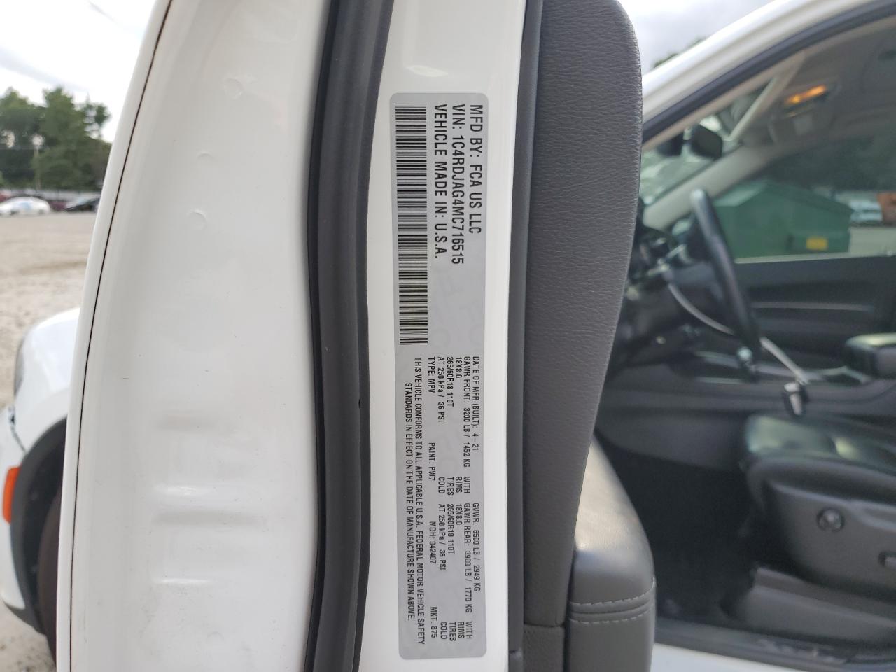 2021 Dodge Durango Sxt VIN: 1C4RDJAG4MC716515 Lot: 71086515