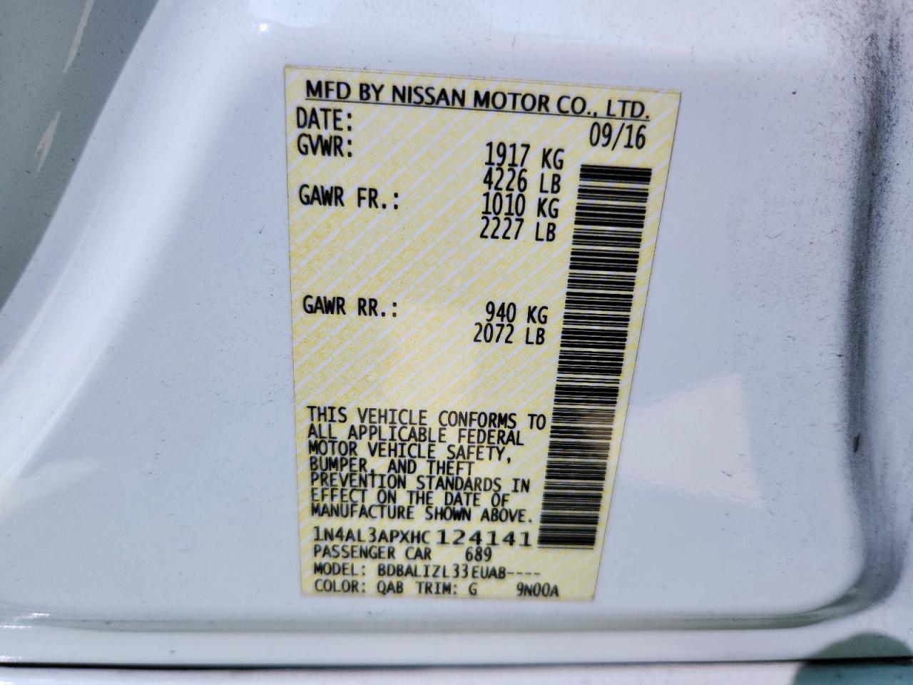 2017 Nissan Altima 2.5 VIN: 1N4AL3APXHC124141 Lot: 81794135