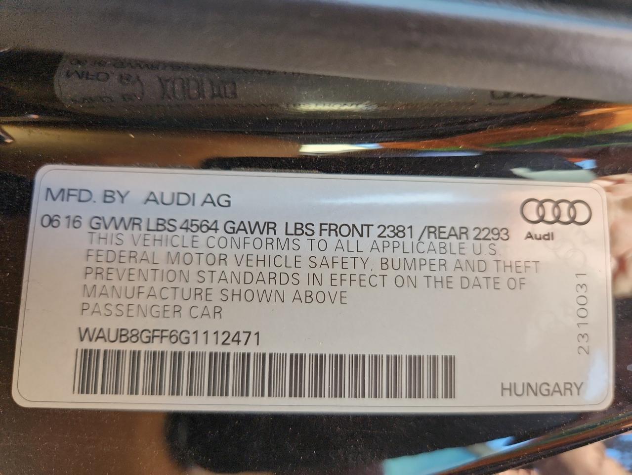 2016 Audi A3 Premium VIN: WAUB8GFF6G1112471 Lot: 81894865