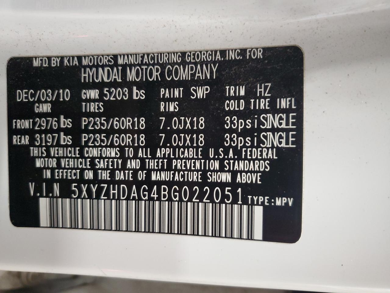 2011 Hyundai Santa Fe Se VIN: 5XYZHDAG4BG022051 Lot: 82033285