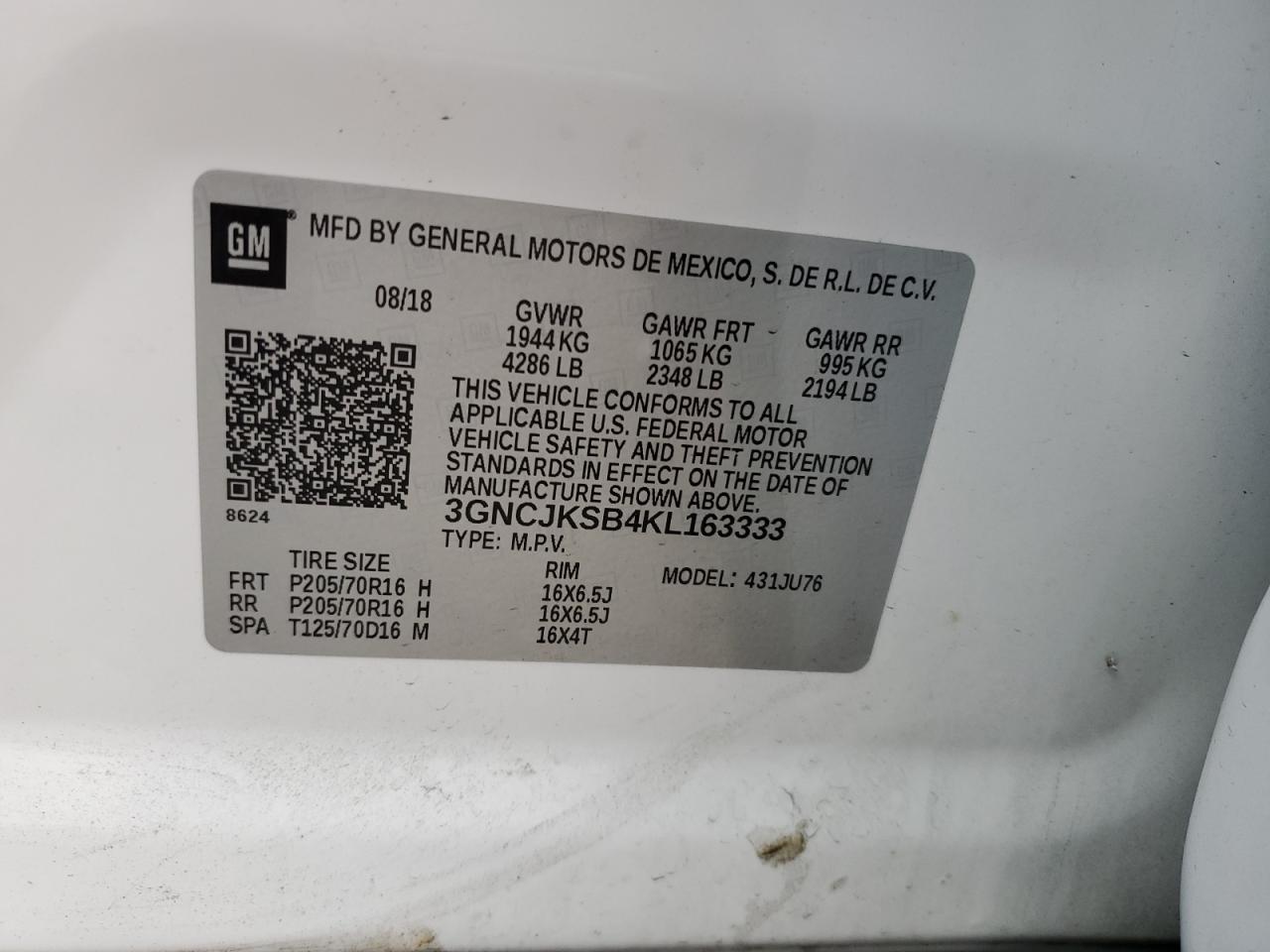 2019 Chevrolet Trax Ls VIN: 3GNCJKSB4KL163333 Lot: 71871865