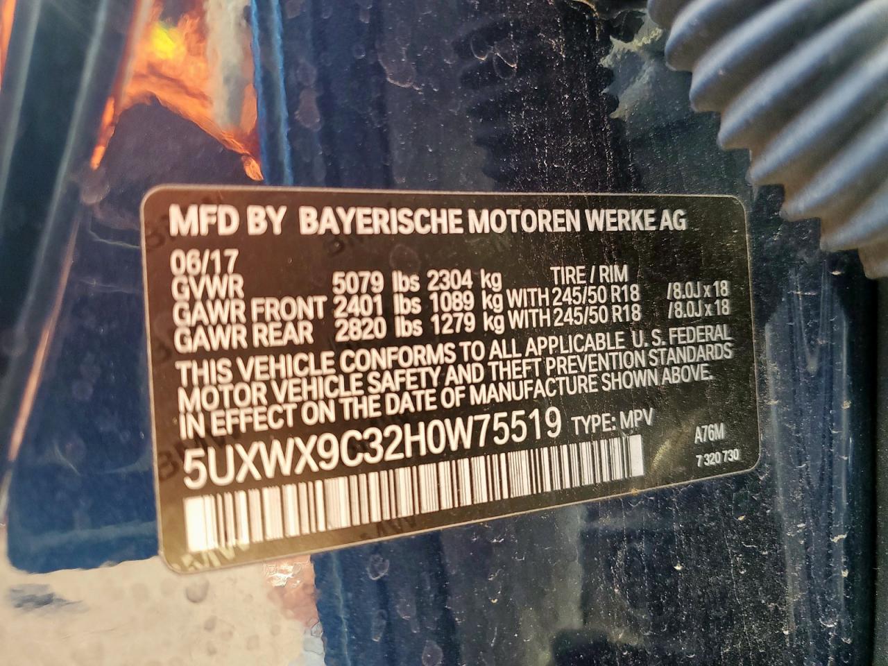 2017 BMW X3 xDrive28I VIN: 5UXWX9C32H0W75519 Lot: 84542935