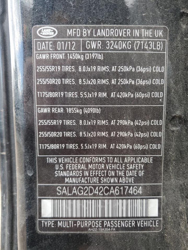 2012 Land Rover Lr4 Hse VIN: SALAG2D42CA617464 Lot: 83822915