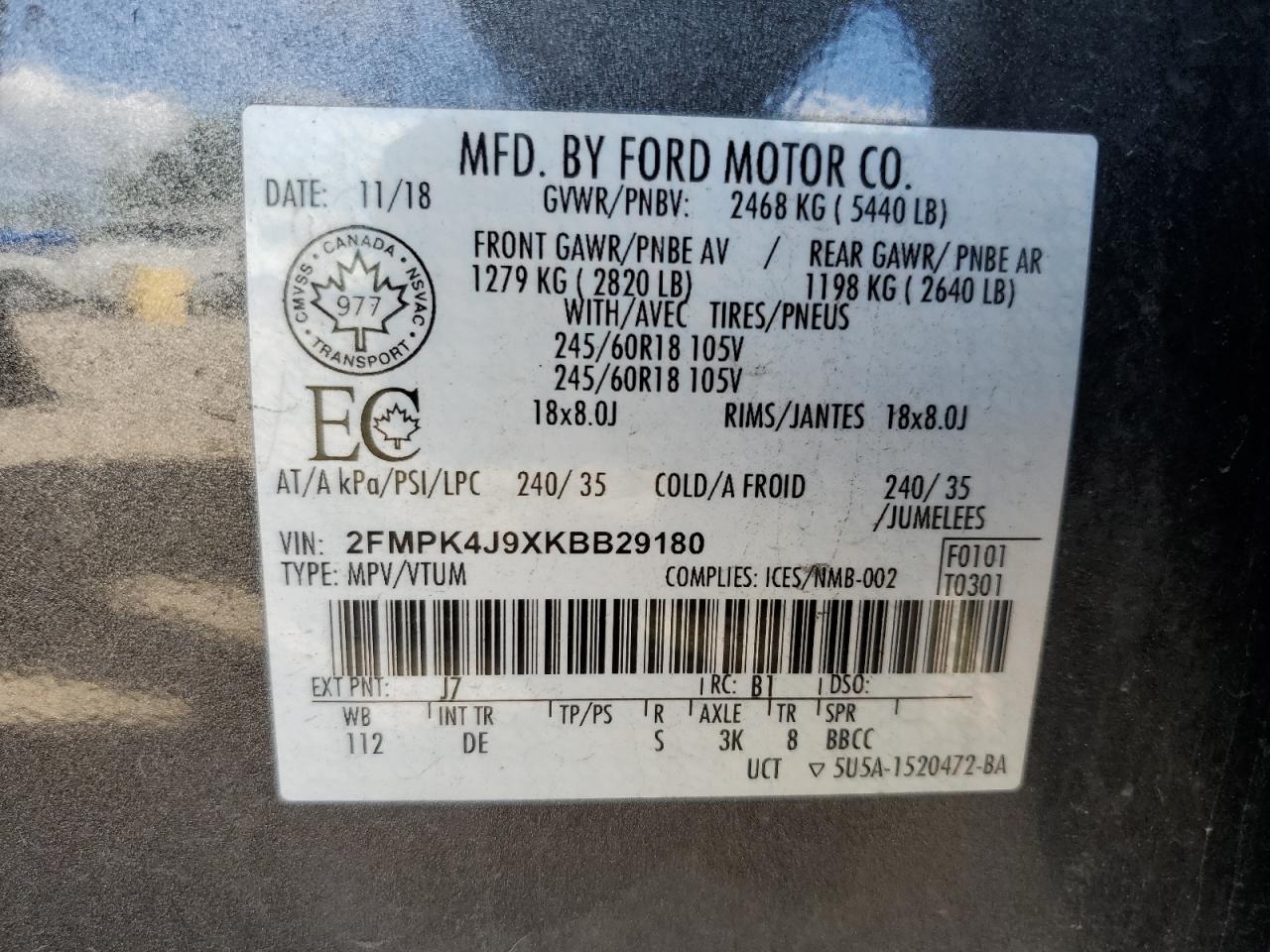 2019 Ford Edge Sel VIN: 2FMPK4J9XKBB29180 Lot: 71157915