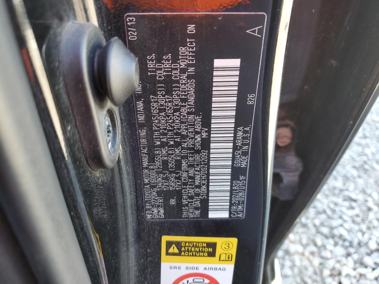 2013 Toyota Highlander Base VIN: 5TDBK3EH7DS212092 Lot: 80637695