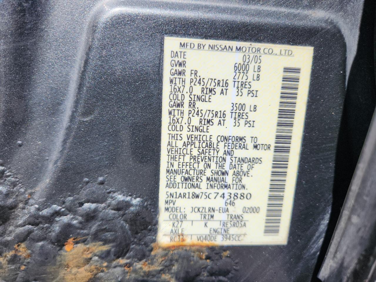 2005 Nissan Pathfinder Le VIN: 5N1AR18W75C743880 Lot: 80912955