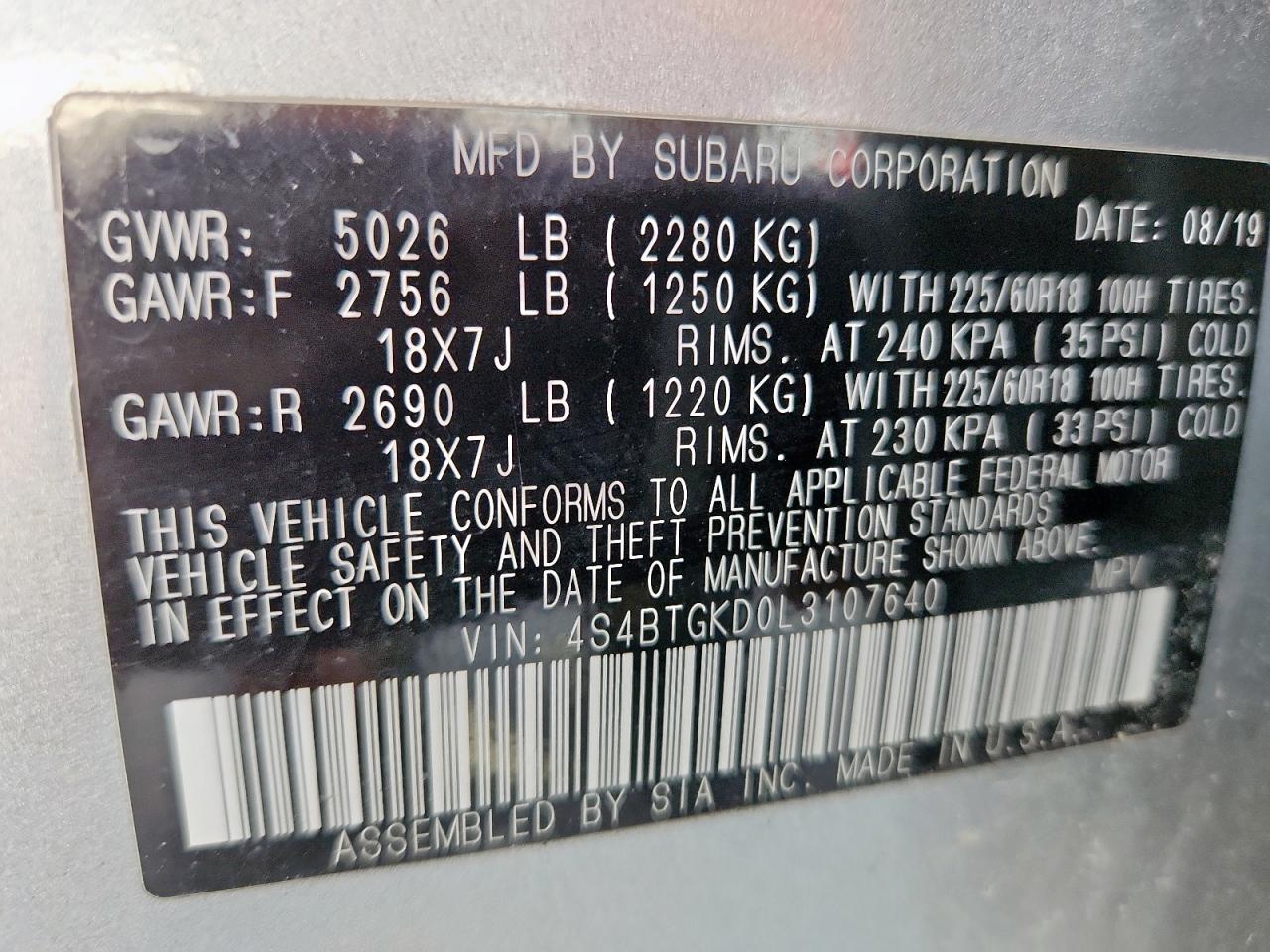 2020 Subaru Outback Onyx Edition Xt VIN: 4S4BTGKD0L3107640 Lot: 80843715