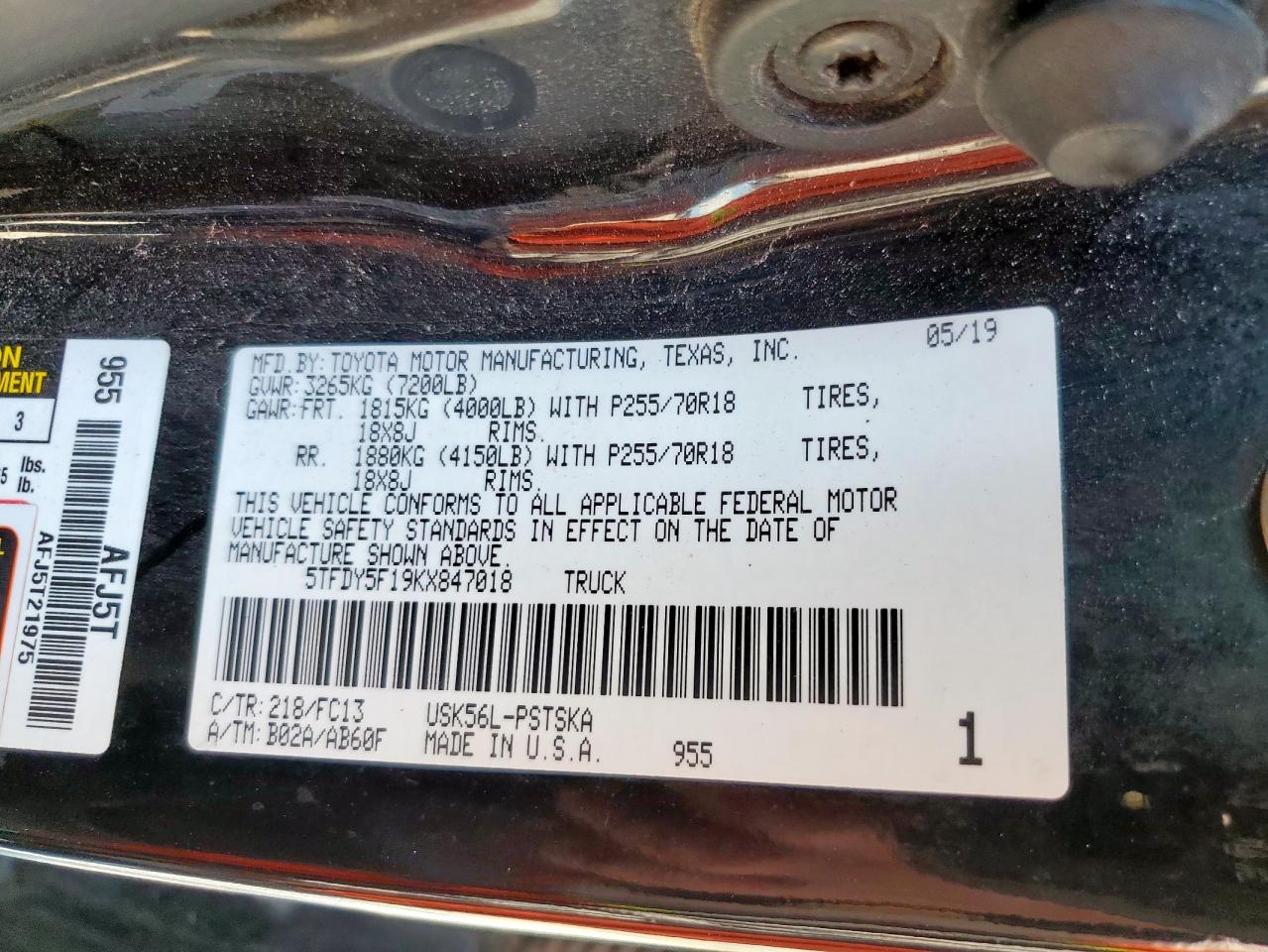 2019 Toyota Tundra Crewmax Sr5 VIN: 5TFDY5F19KX847018 Lot: 80893685