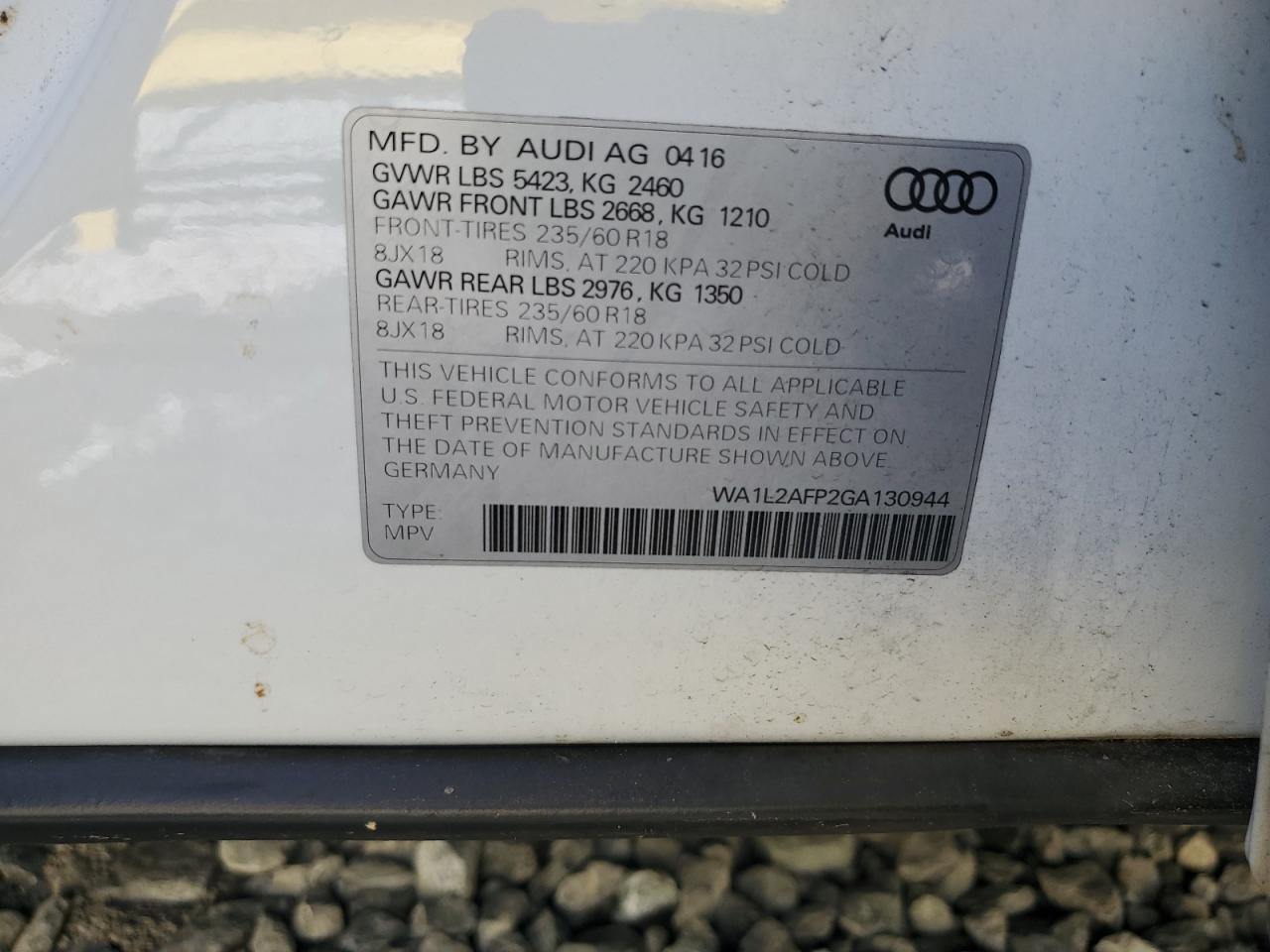 2016 Audi Q5 Premium Plus VIN: WA1L2AFP2GA130944 Lot: 71898085