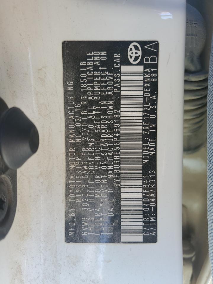 2016 Toyota Corolla L VIN: 5YFBURHE5GP469182 Lot: 81382135