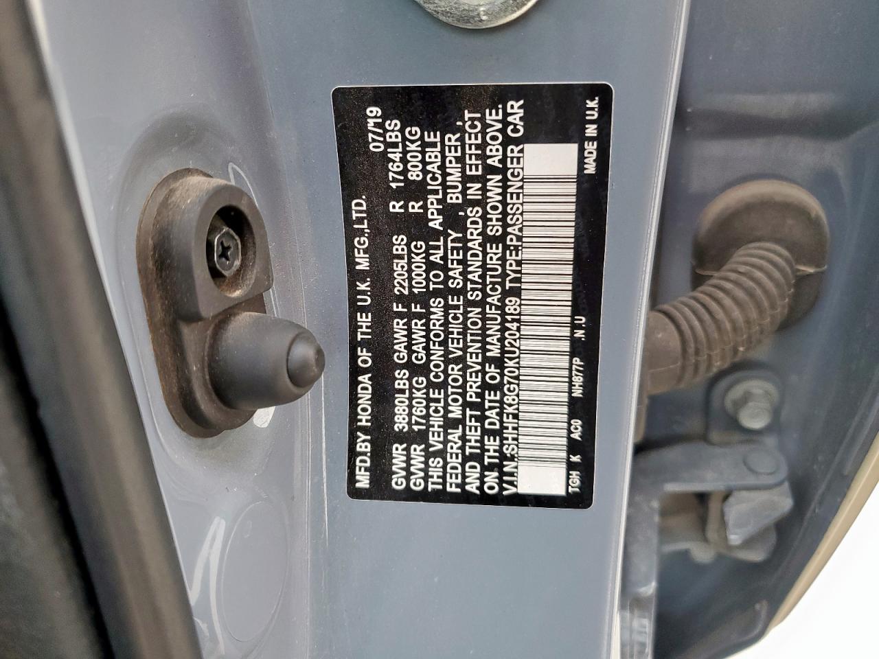 2019 Honda Civic Type-R Touring VIN: SHHFK8G70KU204189 Lot: 71527865