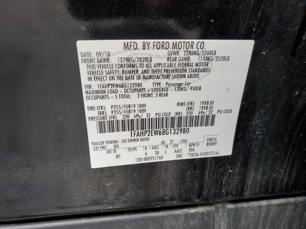 2011 Ford Taurus Sel VIN: 1FAHP2EW6BG132980 Lot: 81289965