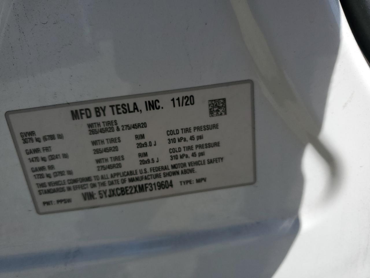 2021 Tesla Model X VIN: 5YJXCBE2XMF319604 Lot: 81115545